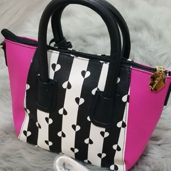 Betsey Johnson Pink and Black Satchel with Heart Print - Picture 16 of 16